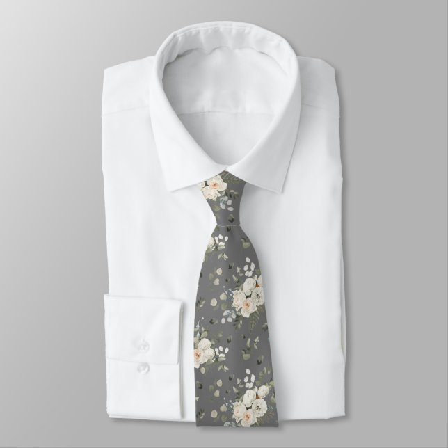 Grooms White Bröllop Blommigt Bouquet på Grått Slips (Bunden)