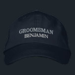 Groomsman Bachelor Party Wedding Role Custom Broderad Keps<br><div class="desc">Add a name and the role to play at the wedding by clicking the "Personalized" button. This chic and stylish cap serves as the perfect memento of a memorable getaway with your favorite buddies. The front of the cap showcases a captivating sports-inspired "Groom" typography that perfectly captures the fun and...</div>