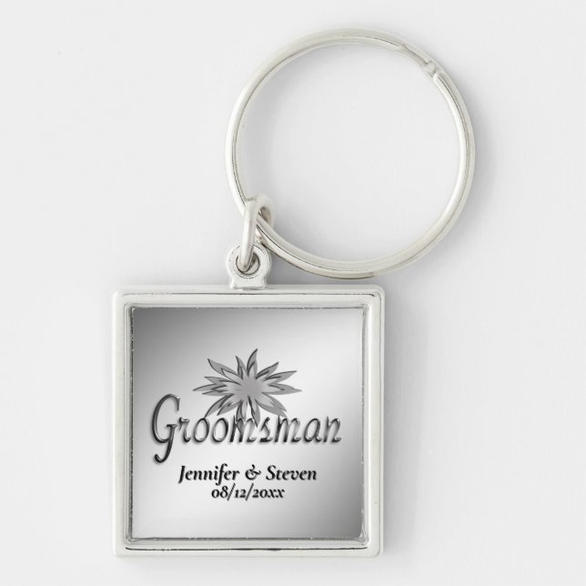 Groomsman Black and White Custom Keychains Fyrkantig Silverfärgad Nyckelring (Framsidan)