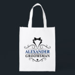 Groomsman Black Tie Blue Vit återanvändbar bag Återanvändbar Påse<br><div class="desc">Bröllop Groomsman Black Tie Reusable Tote Bag - Navy Blue Text</div>