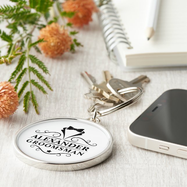 Groomsman Black Tie Premium Round Rund Silverfärgad Nyckelring (Sidan)