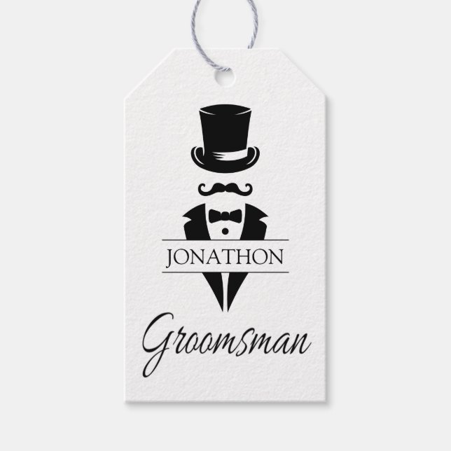 Groomsman Black Tie Tuxedo Top hat Namn Presentetikett (Framsidan)