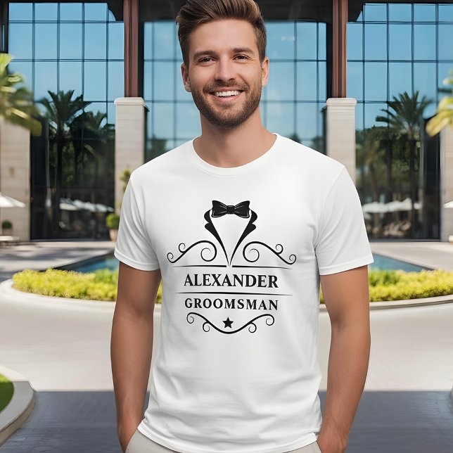 Groomsman Black Tuxedo Tie White T Shirt (Customize to change text size. Choose from a variety of shirt colors and styles.)