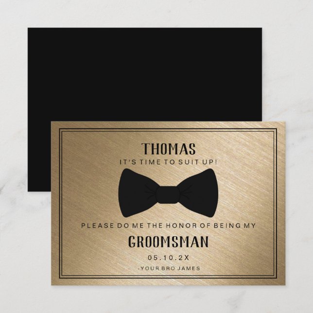 Groomsman Card - Black Tied III Guld Inbjudningar (Fram/baksida)