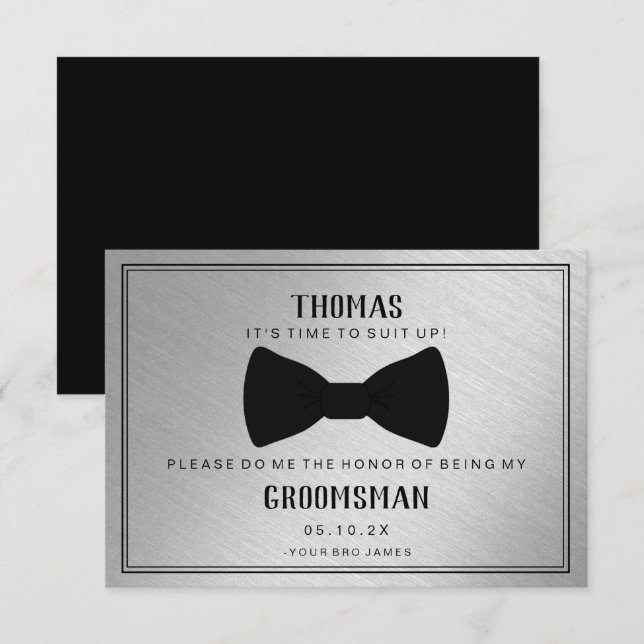 Groomsman Card - Black Tied III Silver Inbjudningar (Fram/baksida)