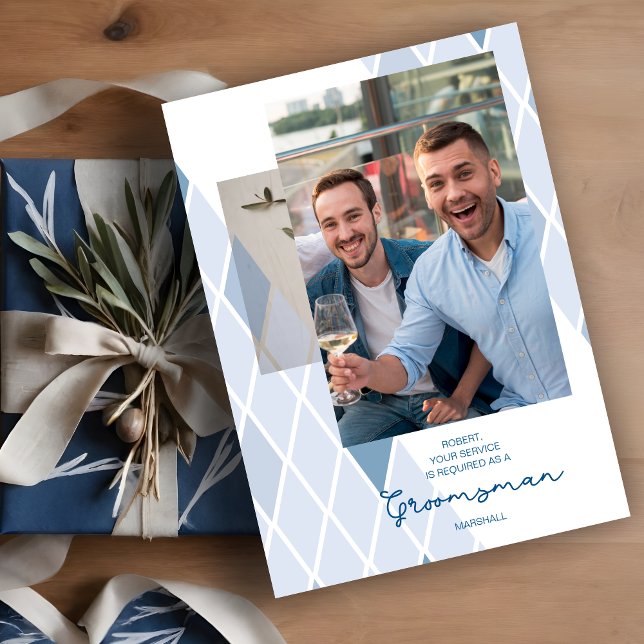 Groomsman Elegant Abstrakt Photo Sophisticated (Photo Groomsman Stylish Abstract Sophisticated Proposal Card in Blue Shades.)