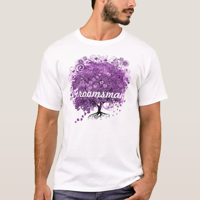 Groomsman Forest Lila Heart Löv Träd Bröllop T Shirt (Framsida)