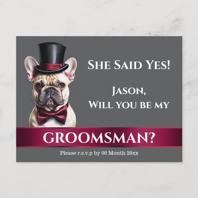 Groomsman fransk bulldog grots frieri bröllop vykort (Framsida)