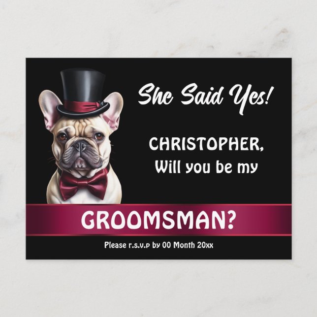 Groomsman frieri fransk bulldog pet tuxedo vykort (Framsida)
