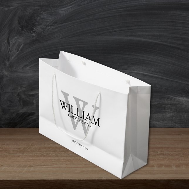 Groomsman Gift Monogram Black White och Grått (Groomsman Gift - Monogrammed Black, White & Gray Large Gift Bag)