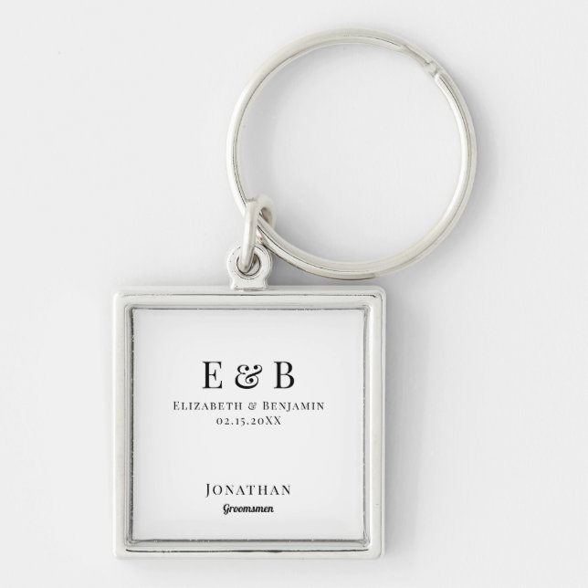 Groomsman Gift Personlig Black Monogram Bröllop Fyrkantig Silverfärgad Nyckelring (Framsidan)
