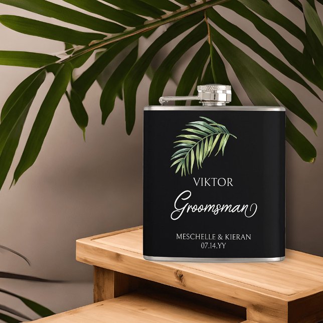 Groomsman Handflatan Löv valfri Färg-höft Fickplunta (Groomsman hip flask with tropical palm leaf and calligraphy)
