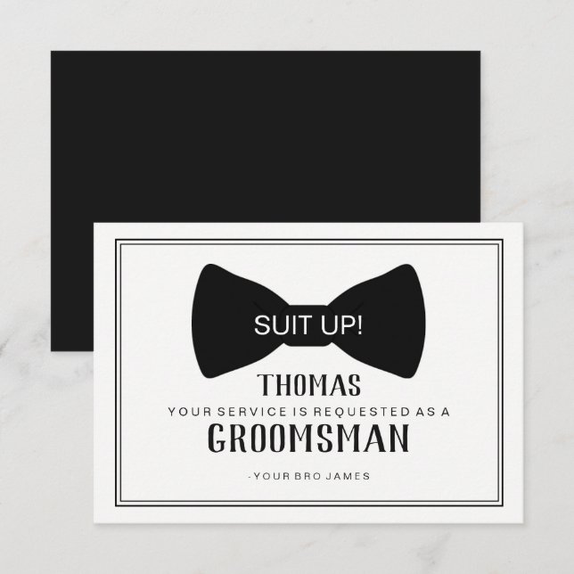Groomsman-kort för kostym uppåt - svart sida inbjudningar (Fram/baksida)