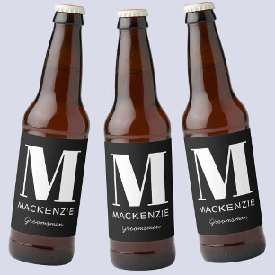Groomsman Monogram Namn Black Ölflaska Etikett