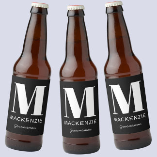 Groomsman Monogram Namn Black Ölflaska Etikett