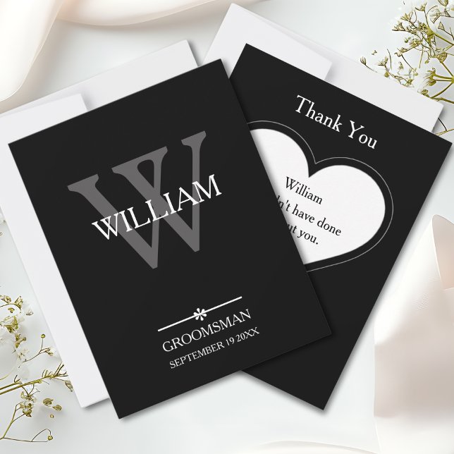 Groomsman Monogram + Namn Classic Script Coola Tack Kort (Groomsman Monogram and Name Classic Script Cool Thank You Card.)