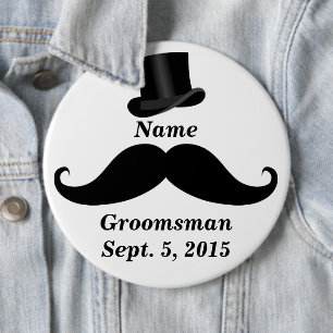 Groomsman Mustache och Top hat Pin-Back Button Knapp