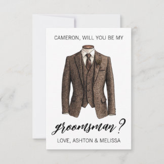 Groomsman Proposal Card, Brown Tweed Suit Jacket Inbjudningar