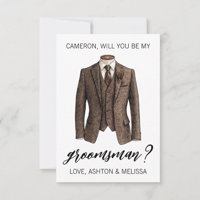 Groomsman Proposal Card, Brown Tweed Suit Jacket Inbjudningar (Framsida)