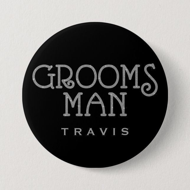 Groomsman Silver Faux Glitter Namn bricka Button Knapp (Framsida)