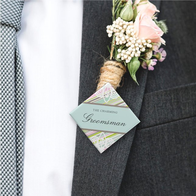 GROOMSMAN Sweet Garden Rand Bröllop Namn bricka Knapp (GROOMSMAN Sweet Garden Pastel Stripes Chic Wedding Rehearsal Pin Button @ fatfatin)