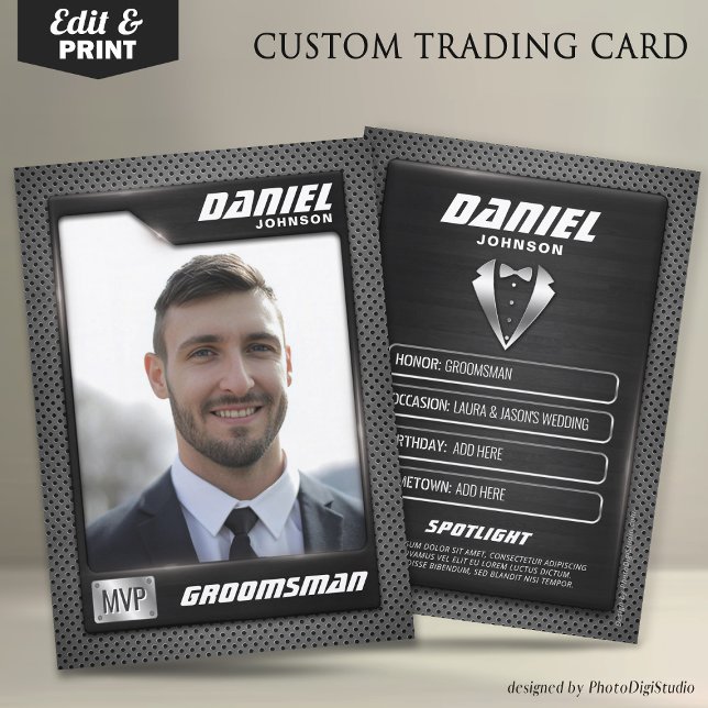 Groomsman Trading Card, MVP Best Man Gift, Bröllop (Groomsman Trading Card, MVP Best Man Gift, Wedding Groom Card)