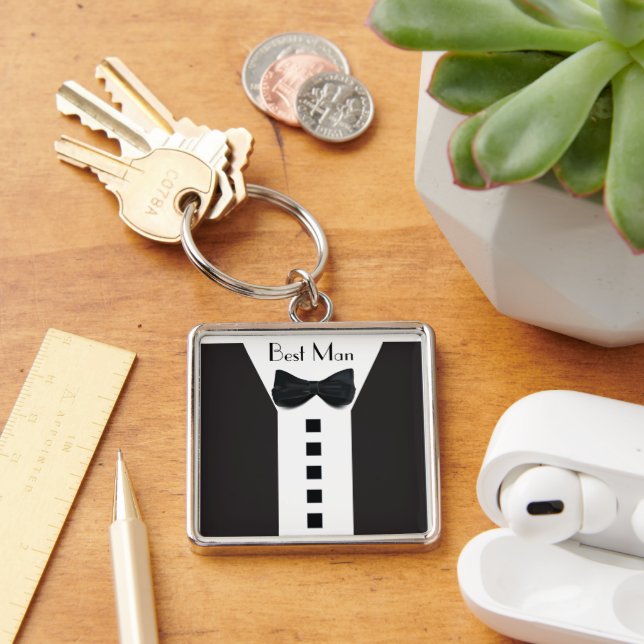 Groomsman Tuxedo 🎩 Elegant Bling Fyrkantig Silverfärgad Nyckelring (Skrivbord)