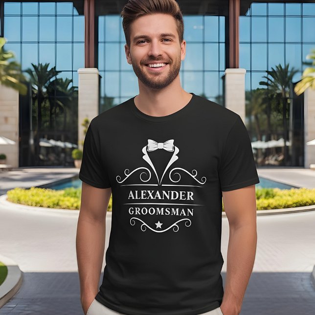 Groomsman Tuxedo Tie Black T Shirt (Customize to change text size. Choose from a variety of shirt colors and styles.)