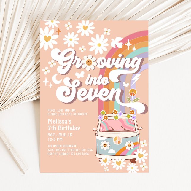 Groovig in i SJU Daisy Rainbow 7-års födelsedag Inbjudningar (Skapare uppladdad)