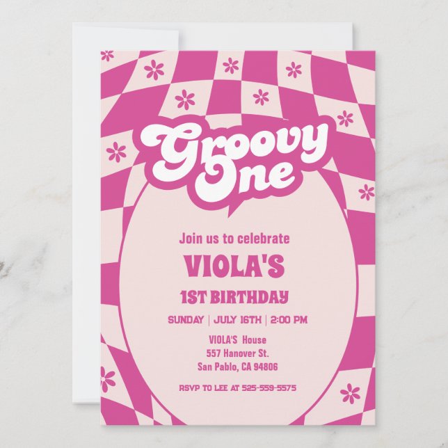 Groovo en första födelsedag rosa daisy födelsedag inbjudningar (Framsida)