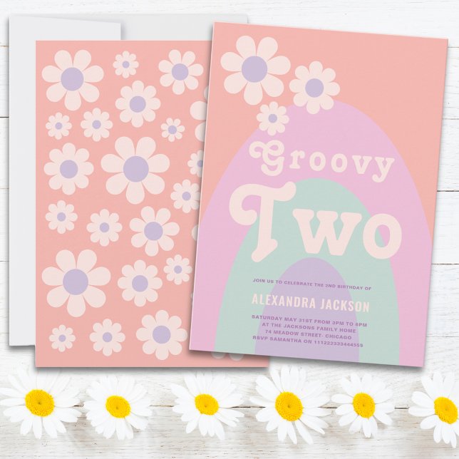 Groovy 2 Daisy Arch 2:a födelsedagen Party Inbjudningar (Groovy two retro daisy arch pastel 2nd birthday party invitation )