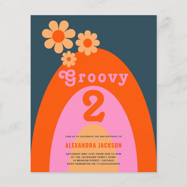 Groovy 2 Retro 2:a födelsedag Party budget Flygblad (Framsidan)