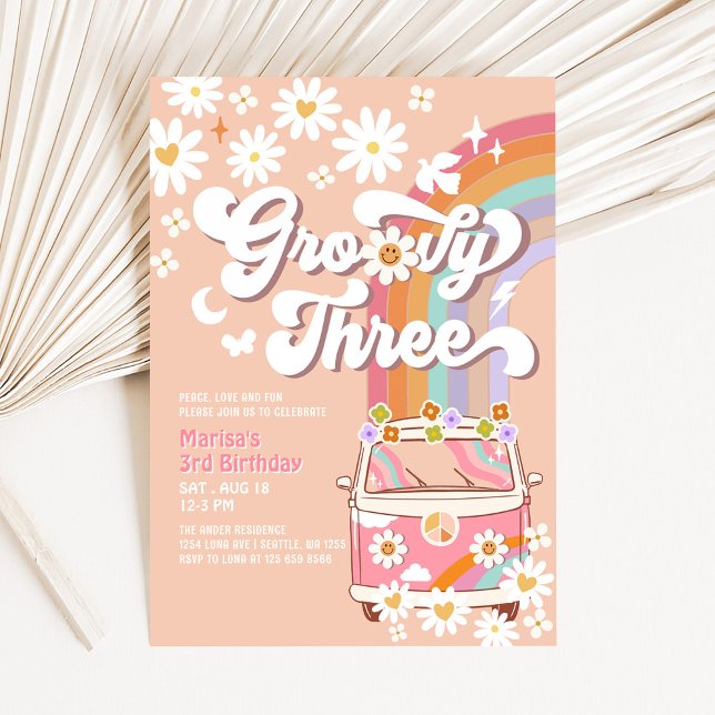 Groovy 3:e Rosan Daisy Rainbow Hippie Birthday Inbjudningar (Skapare uppladdad)