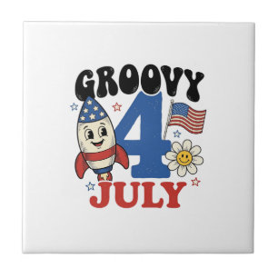 Groovy 4 juli Raket Patriotisk T-Shirt Design_1 Kakelplatta