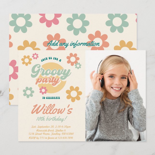 Groovy 60's 70's Flowers Photo Birthday, vilken ål Inbjudningar (Fram/baksida)