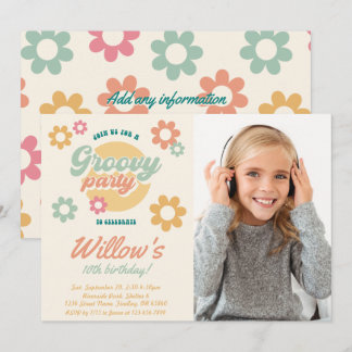 Groovy 60's 70's Flowers Photo Birthday, vilken ål Inbjudningar