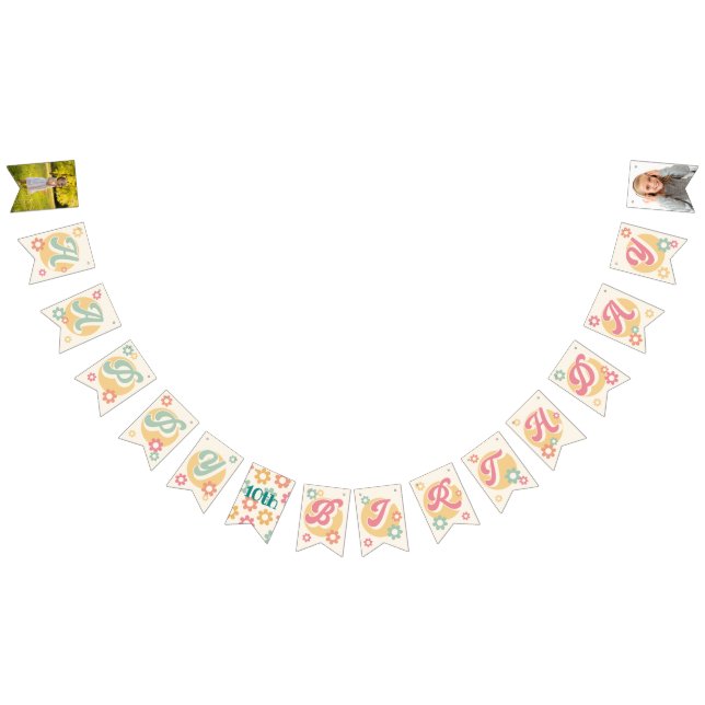 Groovy 60's 70's Flowers Photo Grattis på födelsed Vimplar (Alla)