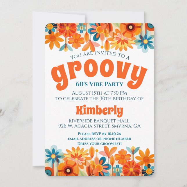 Groovy 60's Vibe Blommigt Retro Birthday Inbjudningar (Framsida)