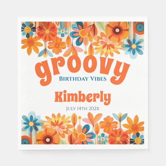 Groovy 60's Vibe Blommigt Retro Birthday Pappersservett (Framsidan)