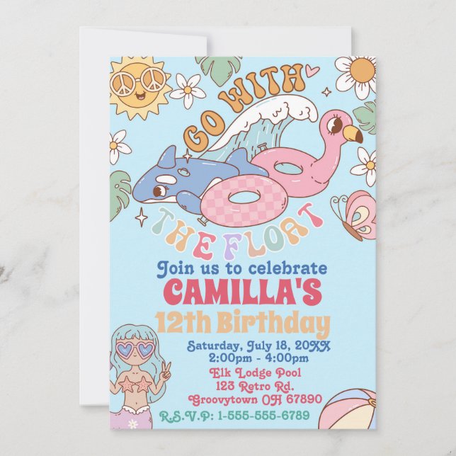 Groovy 70-talets Bassäng Party-födelsedagsinbjudan Inbjudningar (Framsida)