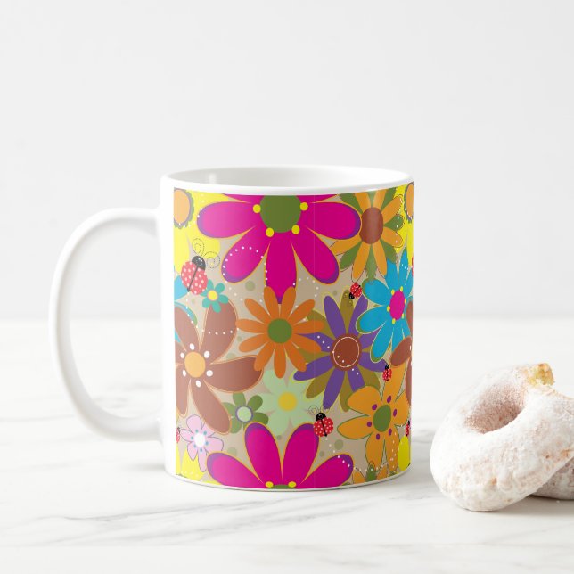 Groovy 70-talets Blommigt Retro Flower Power Kaffemugg (Med munk)