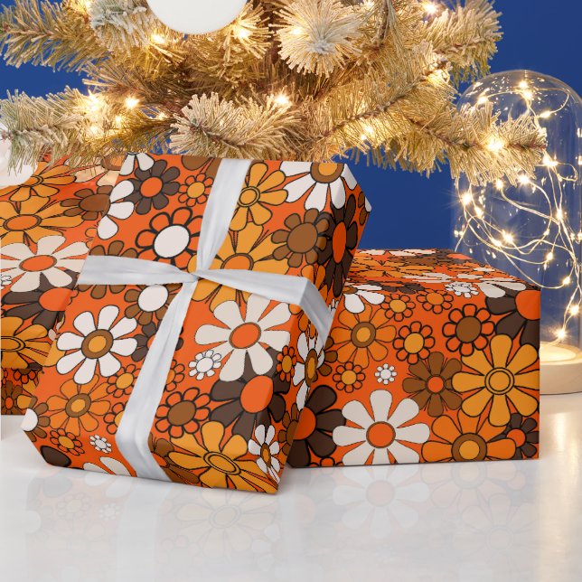 Groovy 70-talets Retro Blommigt Orange och Brown M Presentpapper (Helgdagar)
