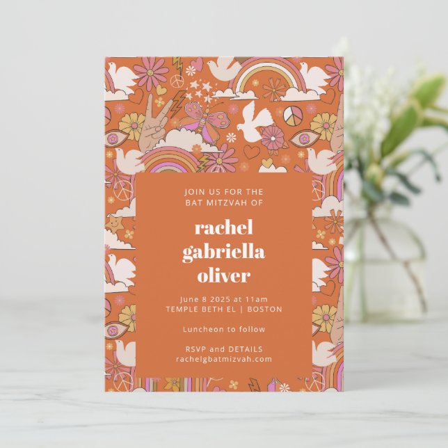 Groovy 70-talets Retro Hippie Peace Orange Bat mit Inbjudningar (Stående Fram)