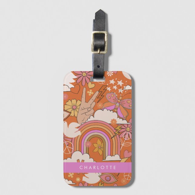 Groovy 70-tals Retro Hippie Fred Orange Bohemisk Bagagebricka (Framsida vertikal)