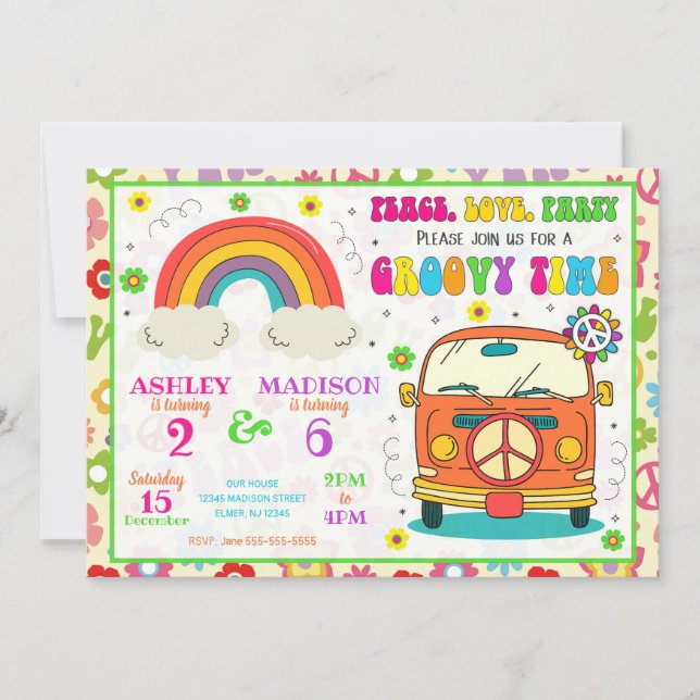 Groovy 70-talsinspirerad Hippie-buss Födelsedagsfi Inbjudningar (Framsida)