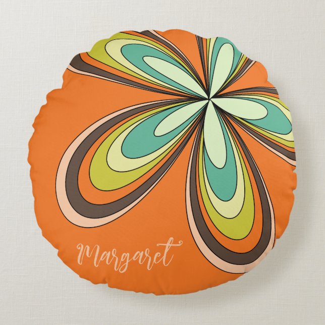 Groovy 70s Hippie Flower Orange Retro Daisy Namn Rund Kudde (Framsidan)