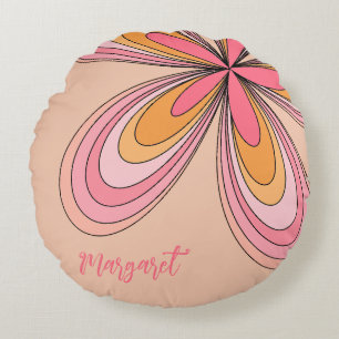 Groovy 70s Hippie Flower Peach Fuzz Daisy Namn Rund Kudde