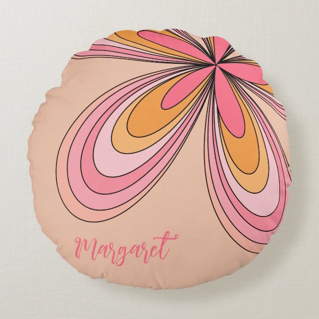 Groovy 70s Hippie Flower Peach Fuzz Daisy Namn Rund Kudde (Framsidan)