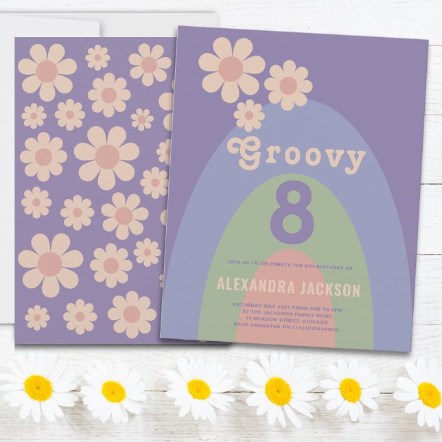 Groovy 8 Retro 8-årsfest Budget (Groovy 8 Retro 70s daisy arch pastel 8th birthday party budget invitation )