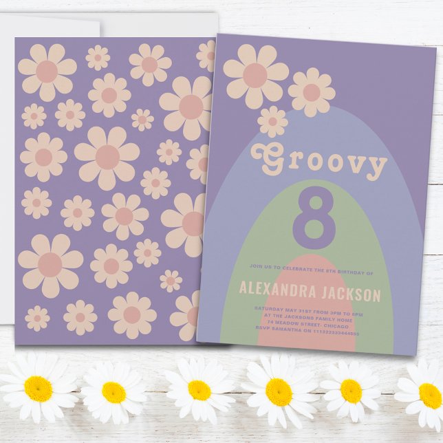 Groovy 8 Retro 8-årsfest Inbjudningar (Retro vintage daisy purple pink green groovy 8 birthday party invitation )